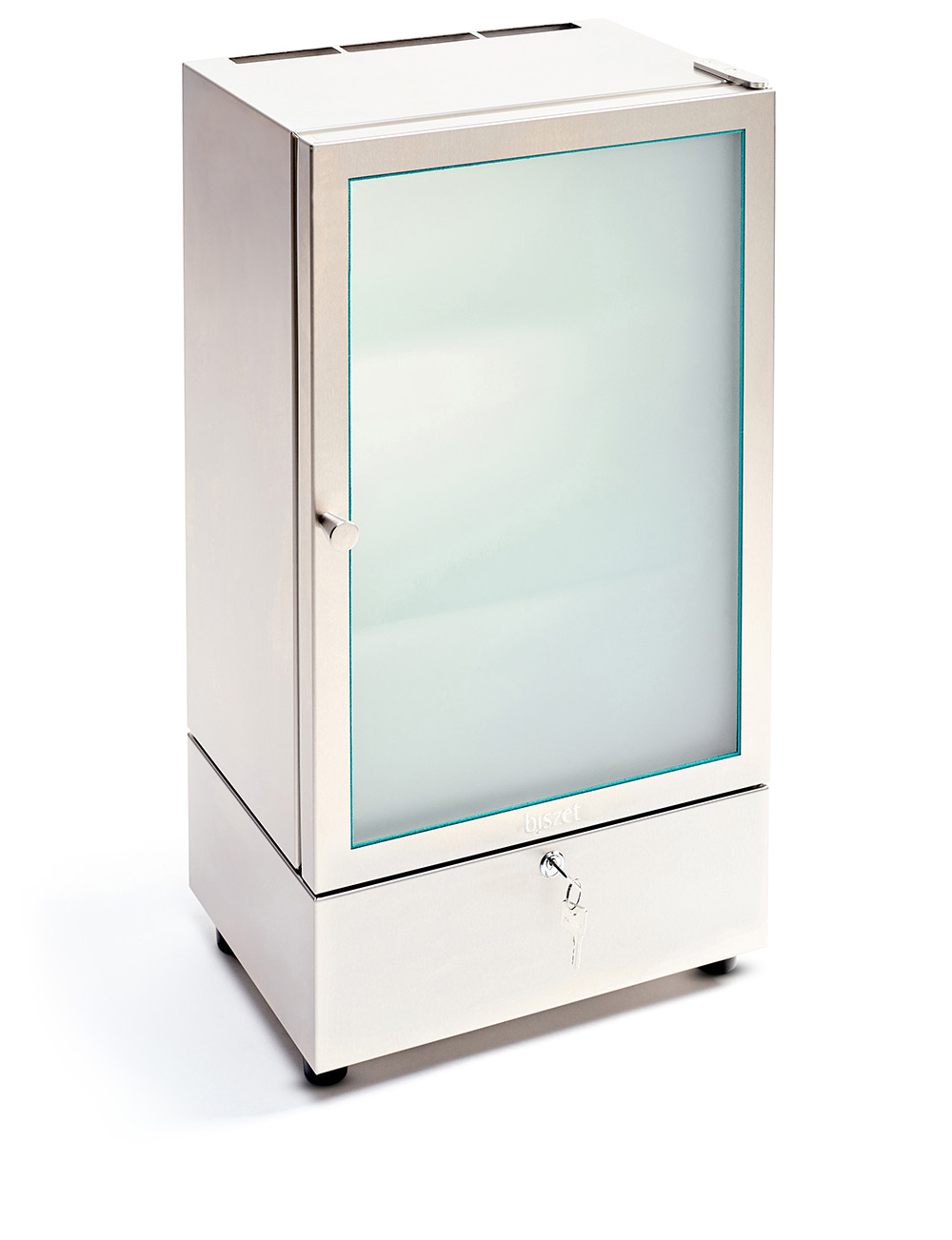 Frontansicht: Edelstahl-Rahmen und satinierte Glastür